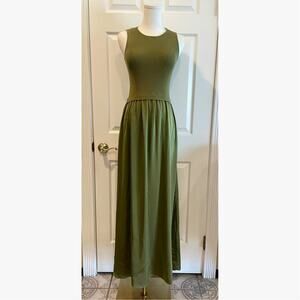 Taylor Mixed Media Knit to Satin Maxi Dress Olive Green Pleated Size XS
